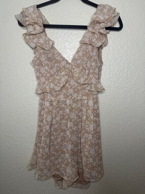 Francesca's Collections Beige Floral Ruffle V-Neck Romper
